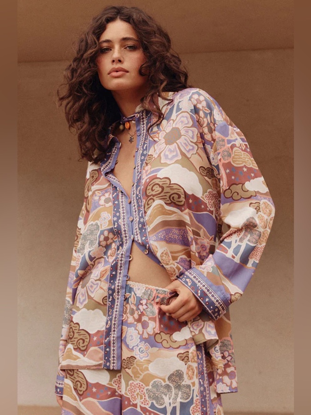 NWT Spell Dancing Valley Lavender and Tan Floral Paisley Button-Down Shirt